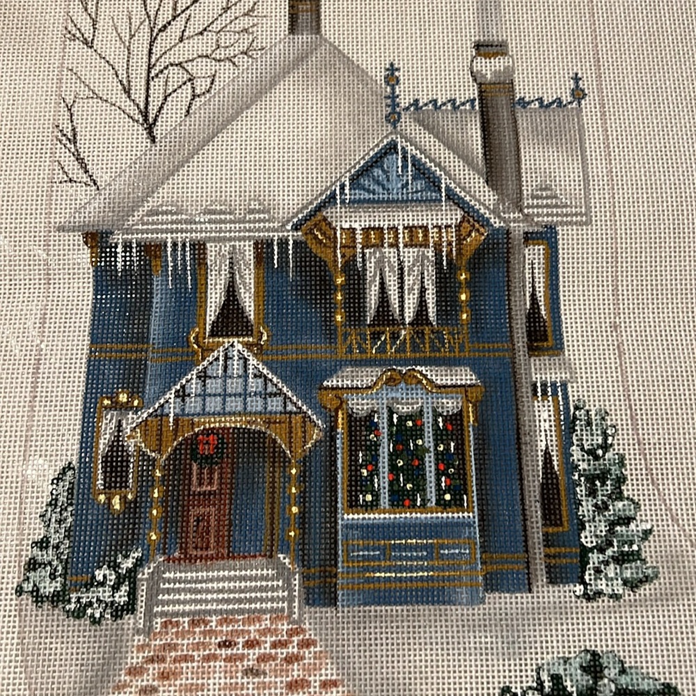 NEW hand painted needlepoint Blue house by Leigh